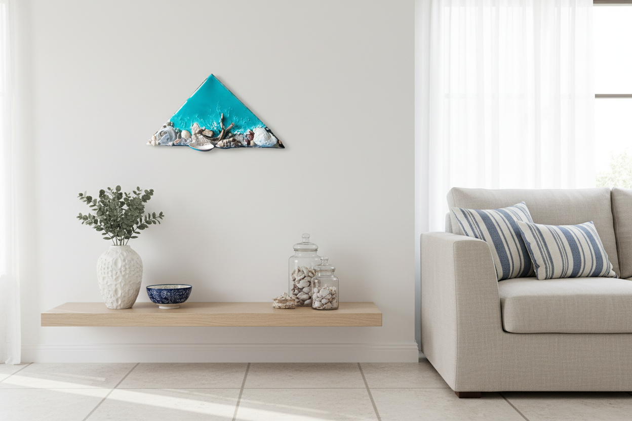 Aegean Triangle resin art displayed in Mediterranean living room
